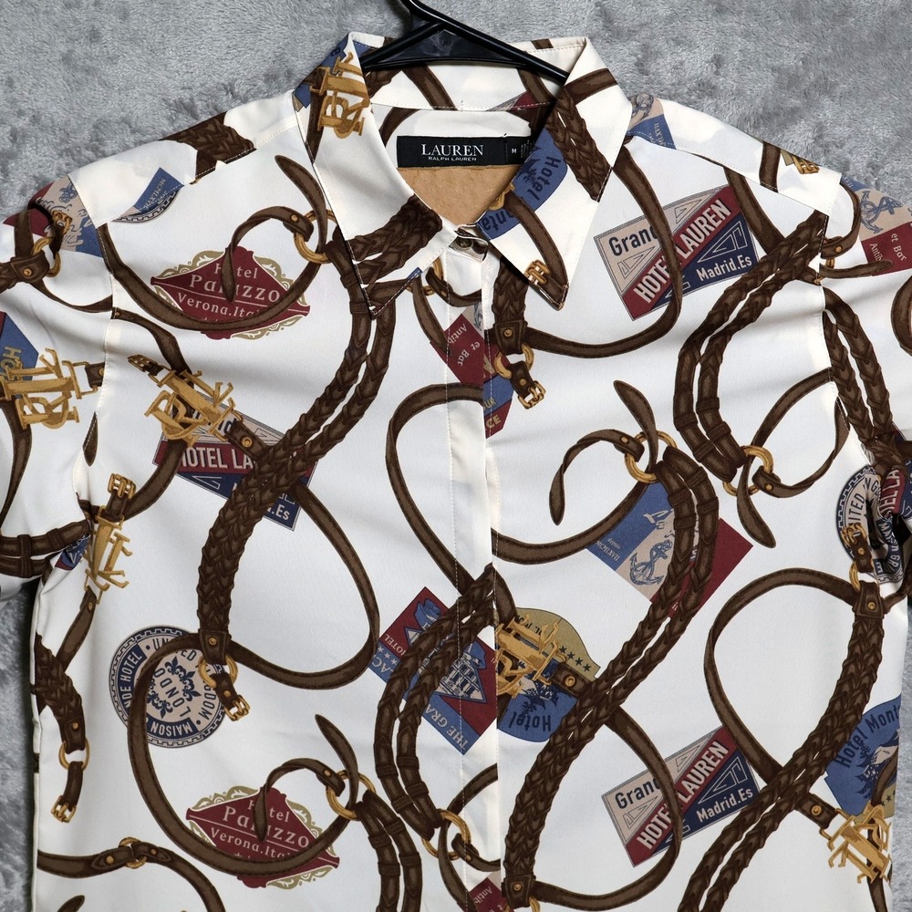 Lauren Ralph Lauren Crepe Shirt Womens Medium White Belting Printā Blouse